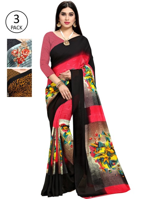 

KALINI Multicolour Printed Georgette Daily Wear Sarees-Pack of 3, Black