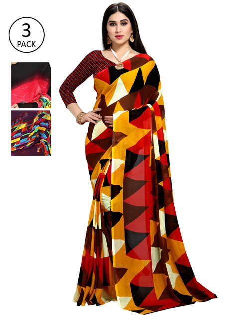 

KALINI Multicolour Printed Georgette Daily Wear Sarees-Pack of 3, Black