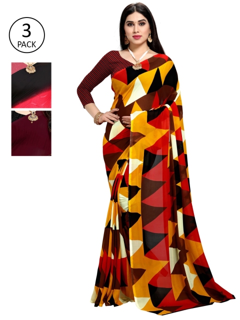 

KALINI Multicoloured Set of 3 Poly Georgette Saree, Black