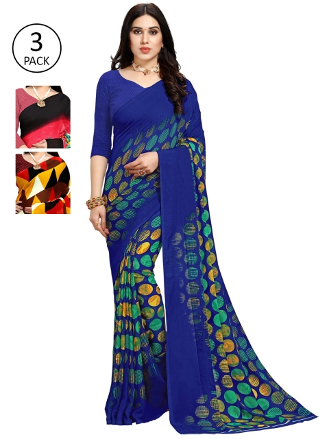 

KALINI Pack Of 3 Printed Sarees, Blue