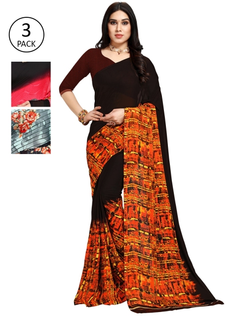 

KALINI Pack of 3 Black & Grey Printed Poly Georgette Sarees