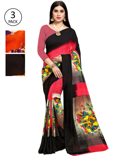 

KALINI Pack of 3 Poly Georgette Sarees, Black