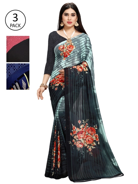 

KALINI Pack of 3 Poly Georgette Sarees, Navy blue