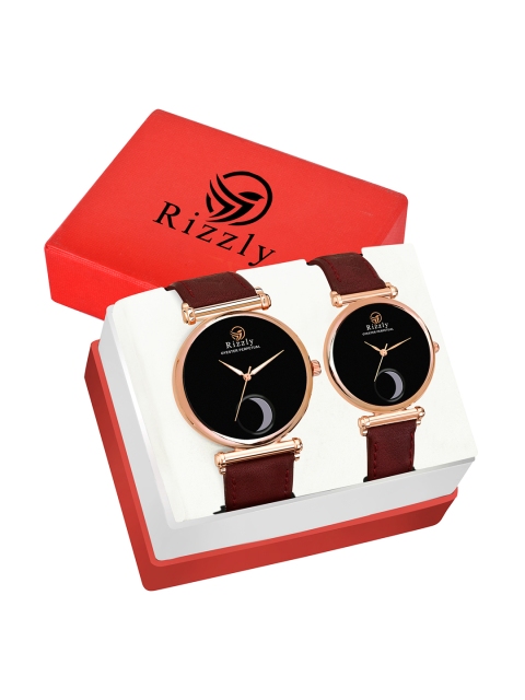 

Rizzly Adult Black Brass Embellished Dial & Black Leather Straps Analogue Watch Gift Set