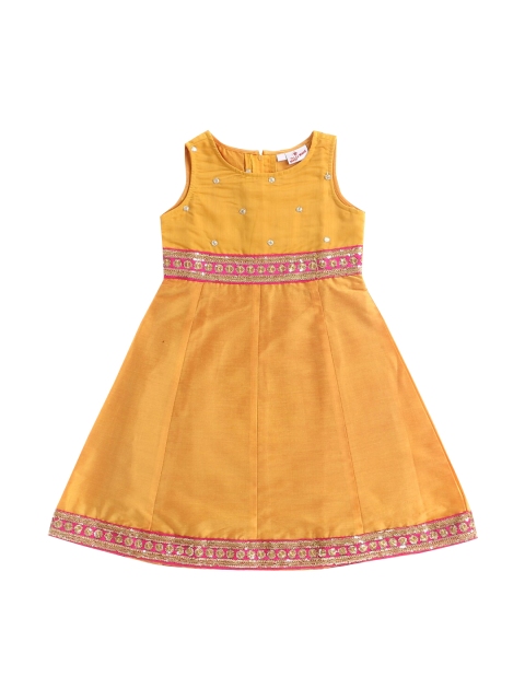 

The Magic Wand Girls Mustard Yellow & Pink Embroidered Fit & Flare Maxi Dress
