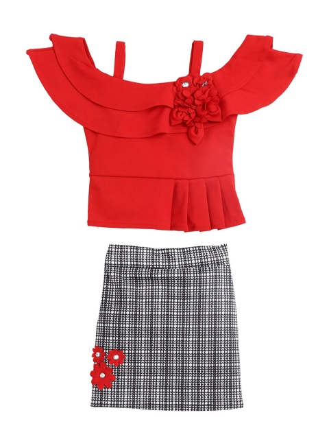 

The Magic Wand Girls Red Solid Top with White & Black Checked Skirt