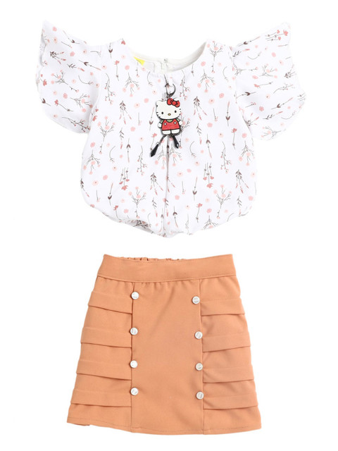 

The Magic Wand Girls Peach-Coloured & White Printed Top with Skirt