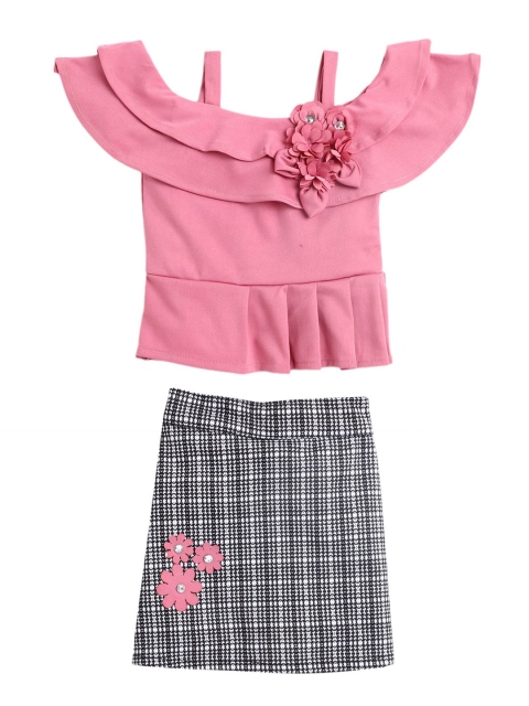 

The Magic Wand Girls Pink Solid Top with White & Black Checked Skirt