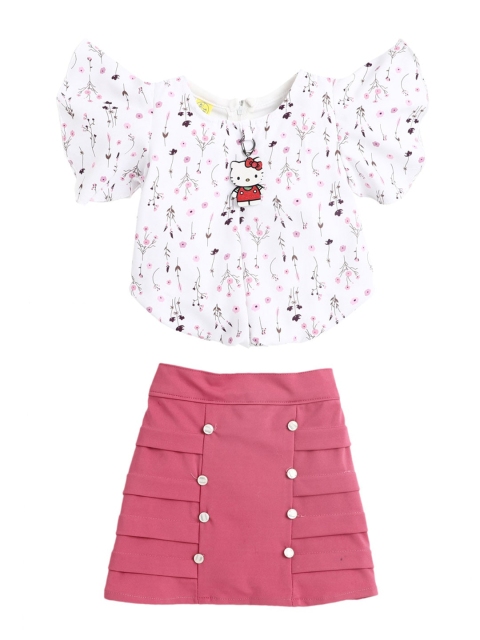 

The Magic Wand Girls Pink & White Printed Top with Skirt