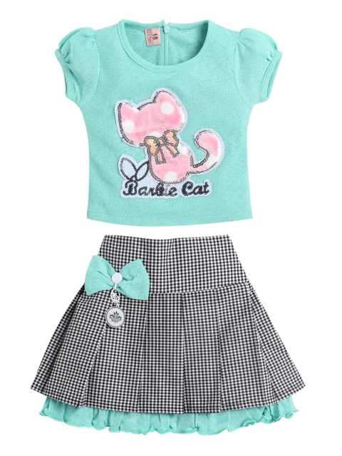 

The Magic Wand Girls Sea Green & Pink Printed Top with Black & White Checked Skirt