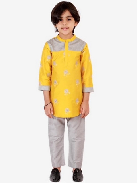 

Lil Peacock Boys Mustard Yellow Thread Work Kurti with Trousers