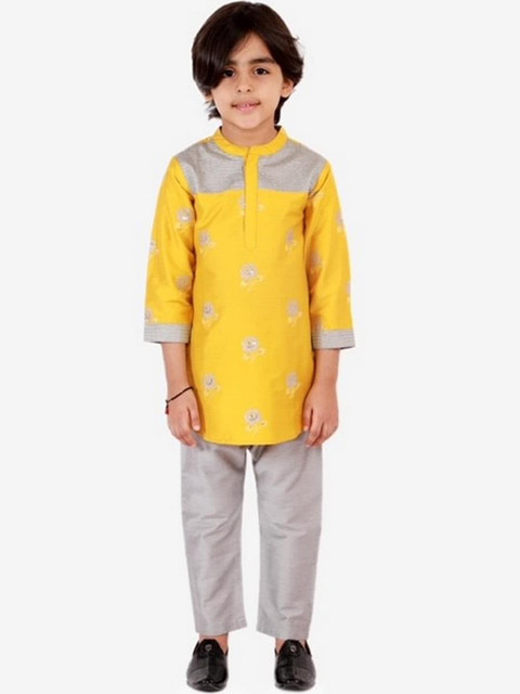 

Lil Peacock Boys Mustard Yellow & Grey Embroidered Kurta with Pyjamas