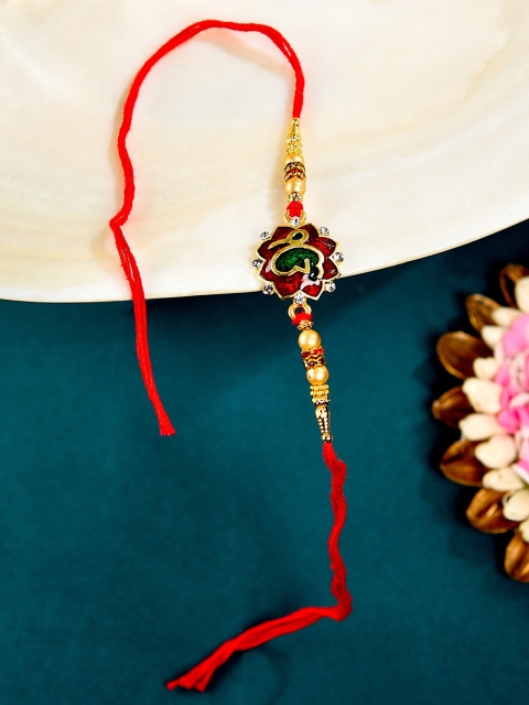 

Zaveri Pearls Men Red & Green Ik Onkar Rakhi With Chawal Roli