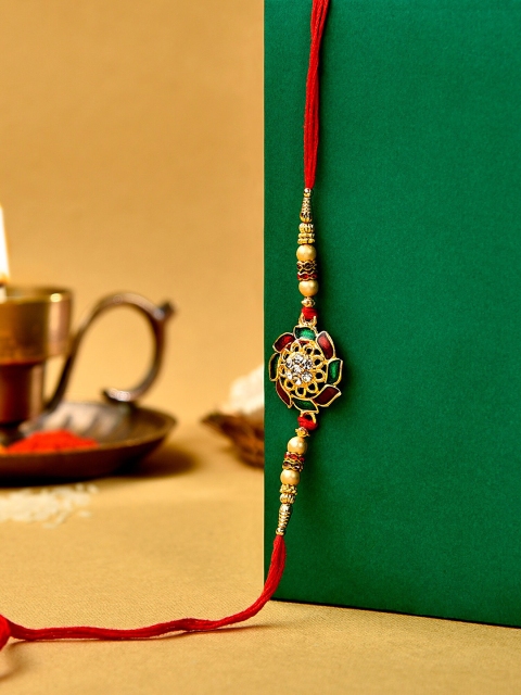 

Zaveri Pearls Men Red & Green Enamelled Flower Rakhi With Chawal Roli