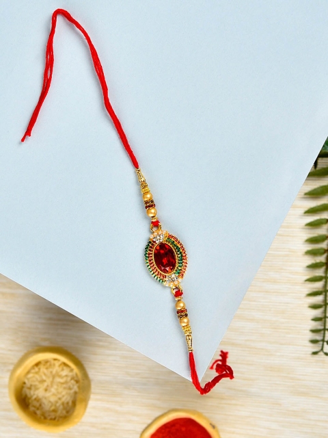 

Zaveri Pearls Red Stone Embellished Rakhi With Chawal Roli