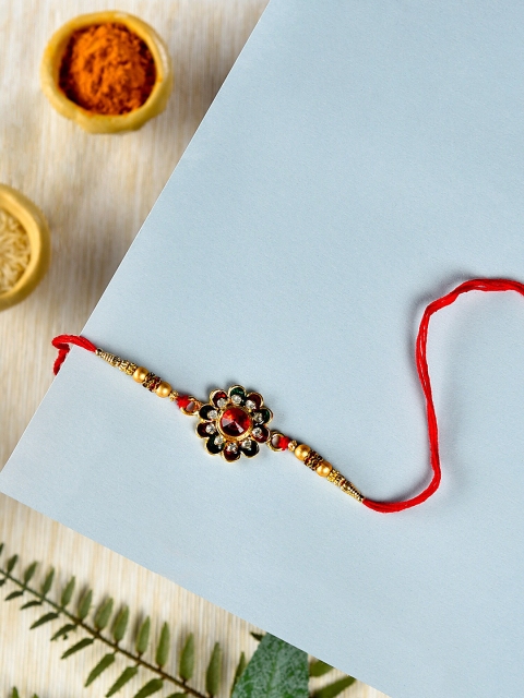 

Zaveri Pearls Red & Green Enamelled Flower Rakhi With Chawal Roli