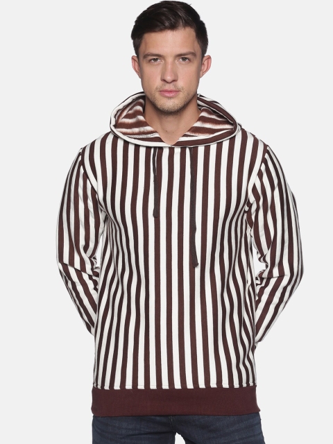 

Campus Sutra Men Brown Striped Hooded Sweatshirt