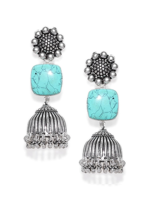 

FIROZA Three Tier Silver-Toned & Turquoise Blue Dome Shaped Jhumka Earrings