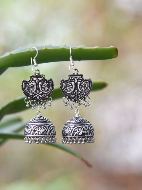 

FIROZA Silver-Toned Oxidised Contemporary Jhumkas Earrings