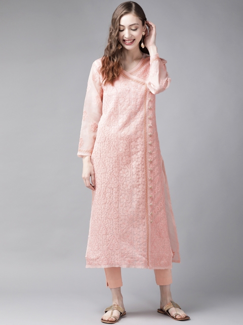 

ADA Peach-Coloured Sustainable Zari Semi-Sheer Chikankari Hand Embroidered Angrakha Kurta