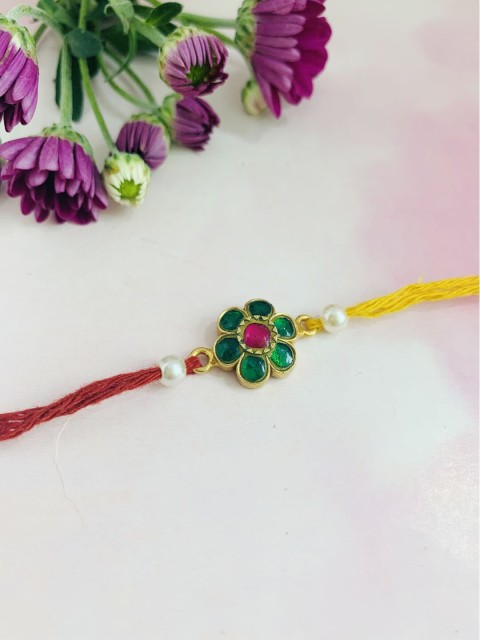 

Amaltaas Womens Green & Red Kundan Flower Bhai Rakhi