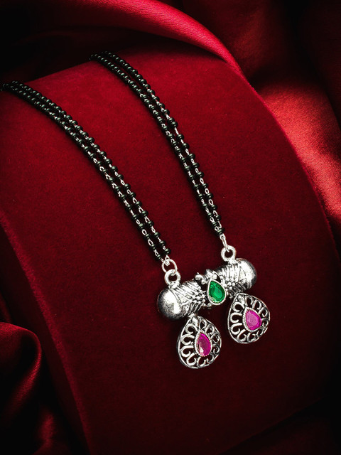 

Aadita Oxidized Silver-Toned & Black Stone-Studded & Beaded Tribal Mangalsutra