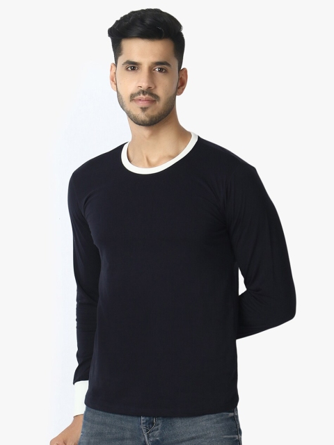 

LE BOURGEOIS Men Navy Blue and White Solid Round Neck Casual Pure Cotton T-shirt