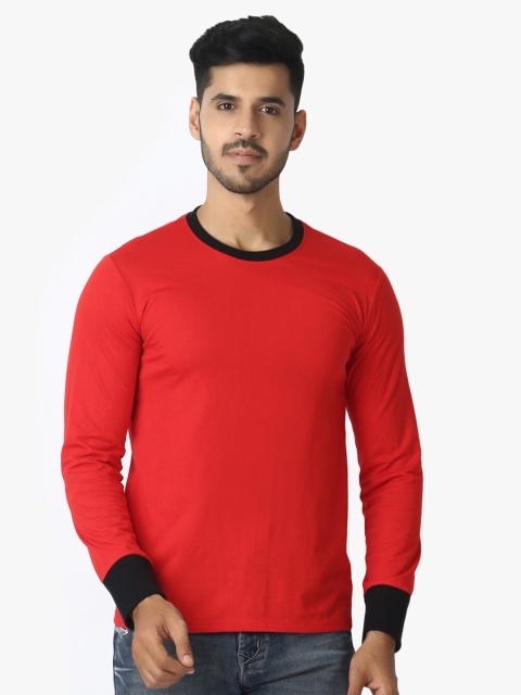 

LE BOURGEOIS Men Red Black Colorblocked Round Neck Regular Fit Pure Cotton T-shirt