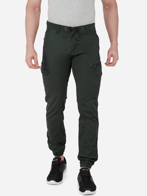 

beevee Men Olive Green Mid-Rise Cargo Joggers