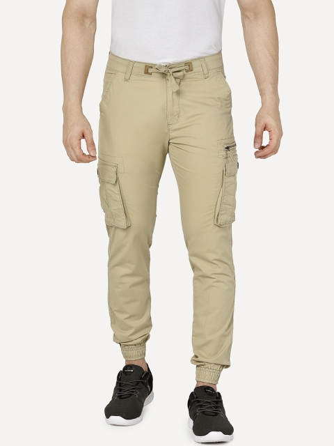 

beevee Men Beige Mid-Rise Cargo Joggers