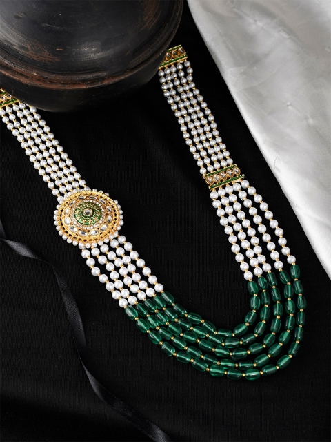 

Silvermerc Designs Unisex Green & White Brass Gold-Plated Layered Kundan Brooch Necklace