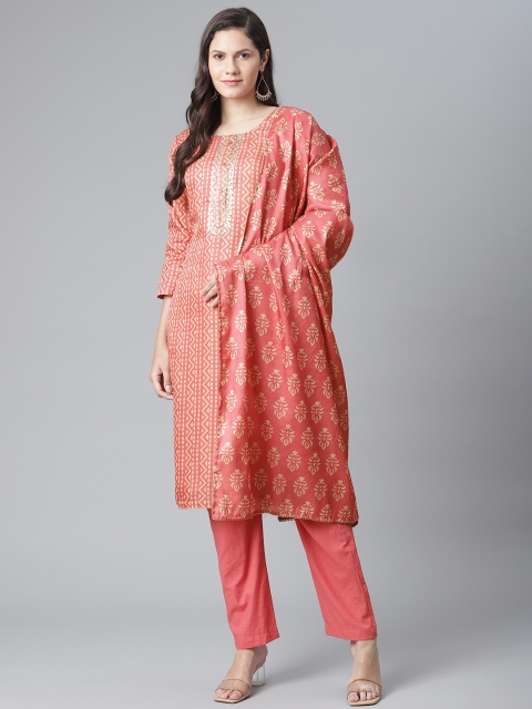 

Readiprint Fashions Coral Pink & Beige Chevron Printed Unstitched Dress Material