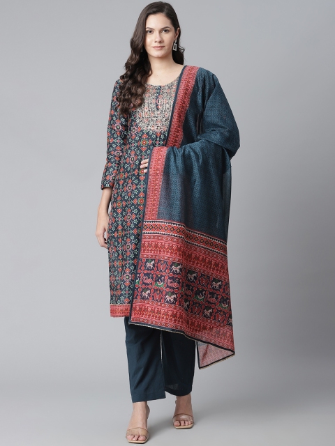 

Readiprint Fashions Teal Green & Red Ethnic Motifs Print Unstitched Dress Material