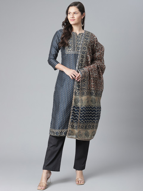

Readiprint Fashions Blue & Beige Chevron Printed Unstitched Dress Material