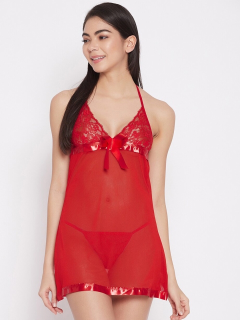 

SECRETS BY ZEROKAATA Red Net Halter Neck Baby Doll