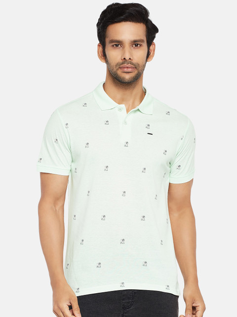 

People Men Aqua Green Black Micro Ditsy Printed Polo Collar Cotton Pure Cotton T-shirt