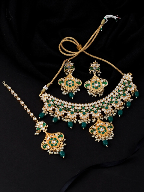 

Silvermerc Designs Gold-Plated Green & White Stone-Studded & Beaded Layered Jewellery Set