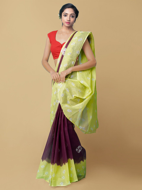 

Unnati Silks Women Burgundy & Lime Green Handloom Pure Bandhani Cotton Sustainable Saree