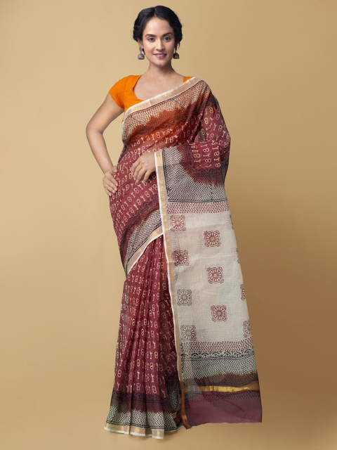 

Unnati Silks Women Maroon & Beige Pure Hand Block Printed Kota Cotton Saree