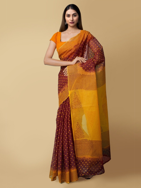 

Unnati Silks Maroon & Yellow Pure Cotton Kota Saree