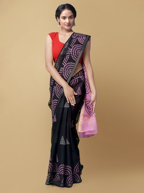 

Unnati Silks Black & Pink Hand Block Printed Pure Cotton Kota Saree