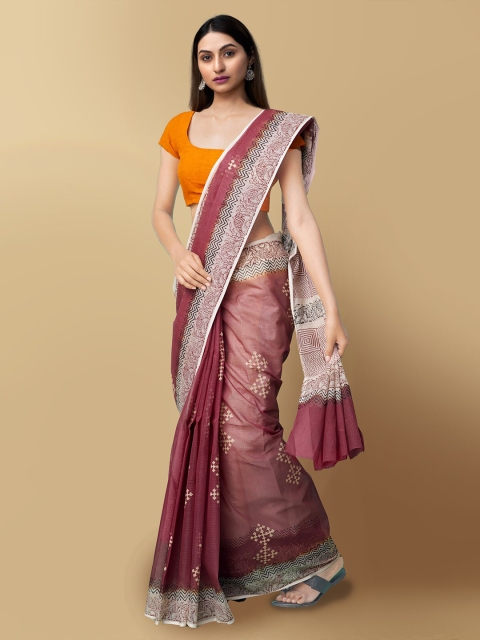 

Unnati Silks Burgundy & White Ethnic Motifs Pure Cotton Kota Saree