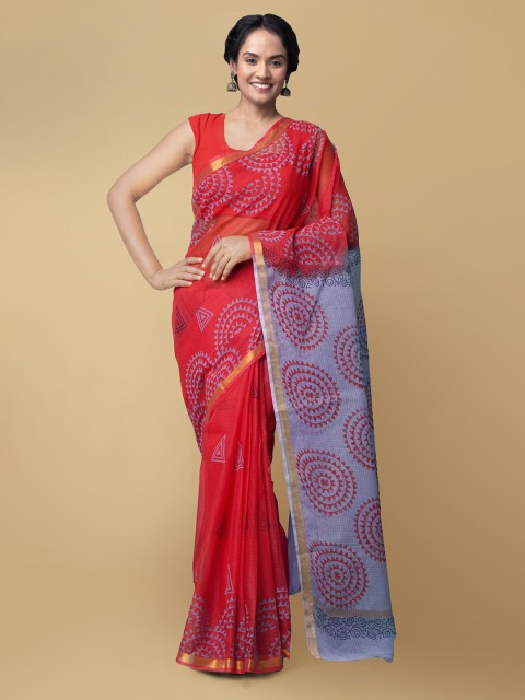 

Unnati Silks Women Red Pure Hand Block Printed Kota Cotton Saree