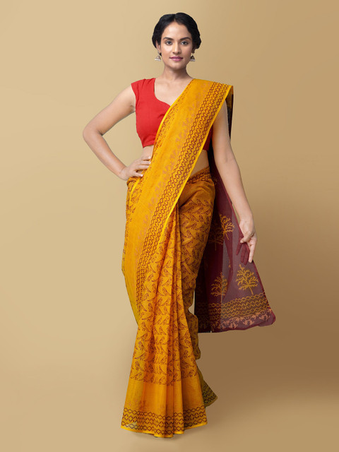

Unnati Silks Women Yellow Hand Block Printed Kota Cotton Saree