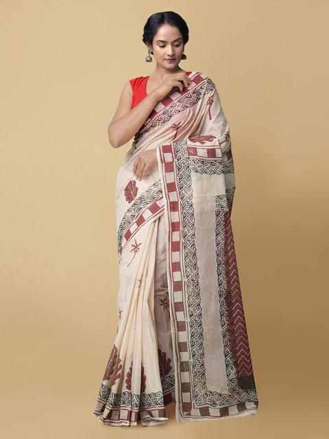 

Unnati Silks Women Cream & Maroon Kota Printed Pure Cotton Saree