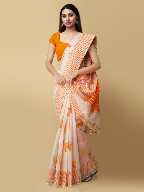 

Unnati Silks Women Cream & Orange Pure Hand Block Printed Kota Cotton Saree