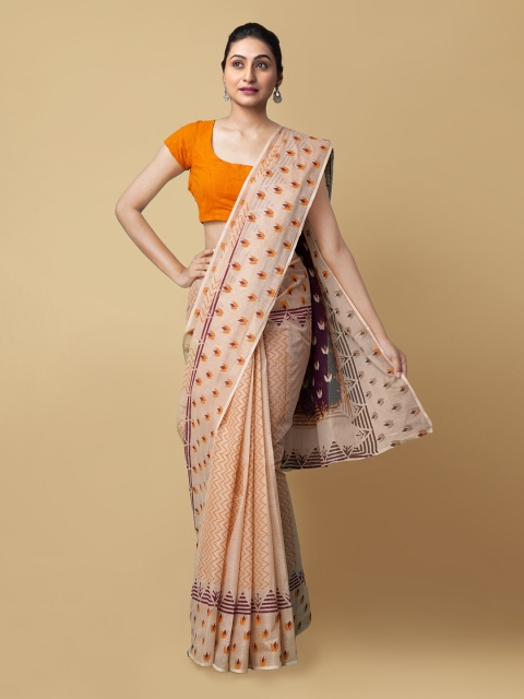 

Unnati Silks Cream-Coloured & Orange Pure Cotton Kota Saree