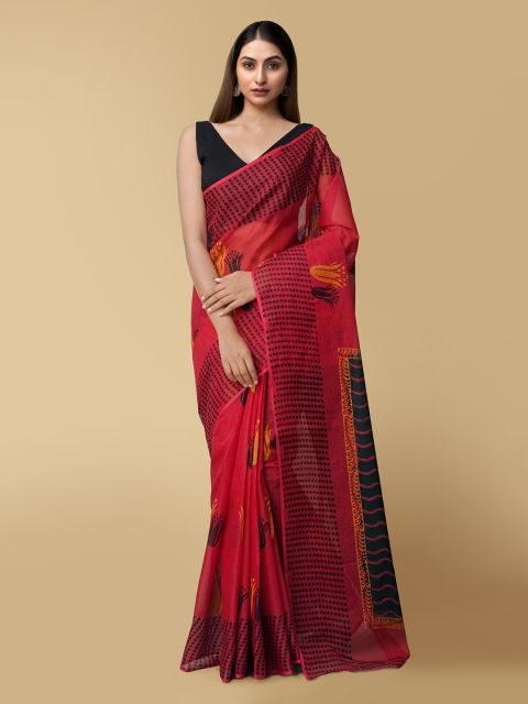 

Unnati Silks Women Red & Black Pure Hand Block Printed Kota Cotton Saree