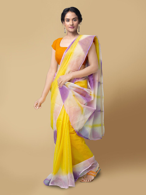 

Unnati Silks Women Yellow & Purple Kota Tie and Dye Pure Cotton Saree