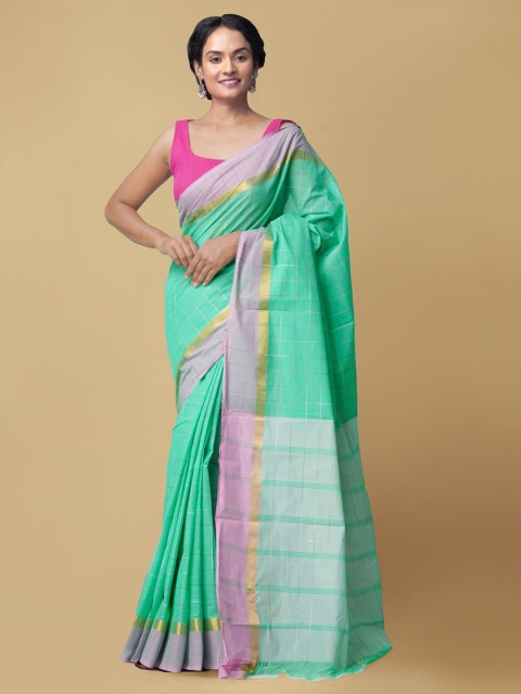 

Unnati Silks Sea Green & Purple Woven Design Zari Pure Cotton Mangalagiri Saree